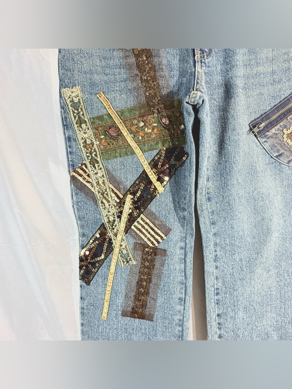 Etoile Rare One Of A Kind Straight Leg Mid Rise Embellished Jeans With Patches - Picture 3 of 10
